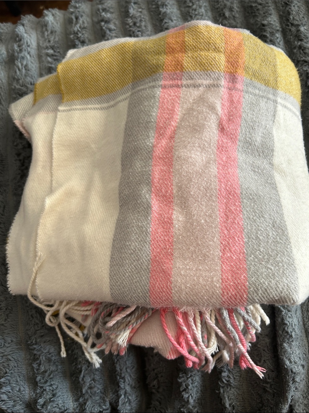 Lightweight Striped Fringe Scarf in Pink, Gray & Yellow